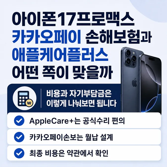 아이폰17프로맥스 카카오페이 손해보험과 애플케어플러스 어떤 쪽이 맞을까 - 비용과 자기부담금은 이렇게 나눠보면 됩니다 카드뉴스