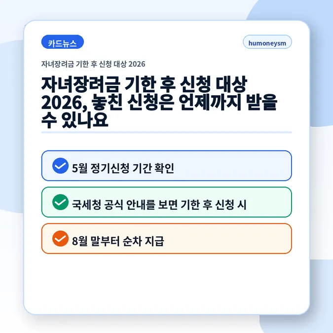 자녀장려금 기한 후 신청 대상 2026 - 자녀장려금 기한 후 신청 대상 2026, 놓친 신청은 언제까지 받을 수 있나요 카드뉴스
