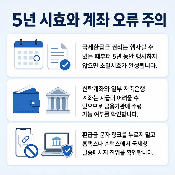 국세 환급금 조회와 홈택스 신청 방법 알아보기 - 국세 환급금 신청 전에 확인할 주의사항 카드뉴스